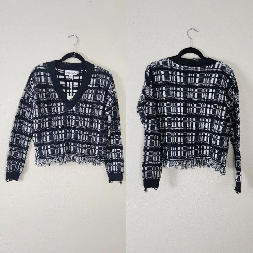 Wildfox Reese Ritzy Fringe Hem Sweater in Black and White NWT Size Small